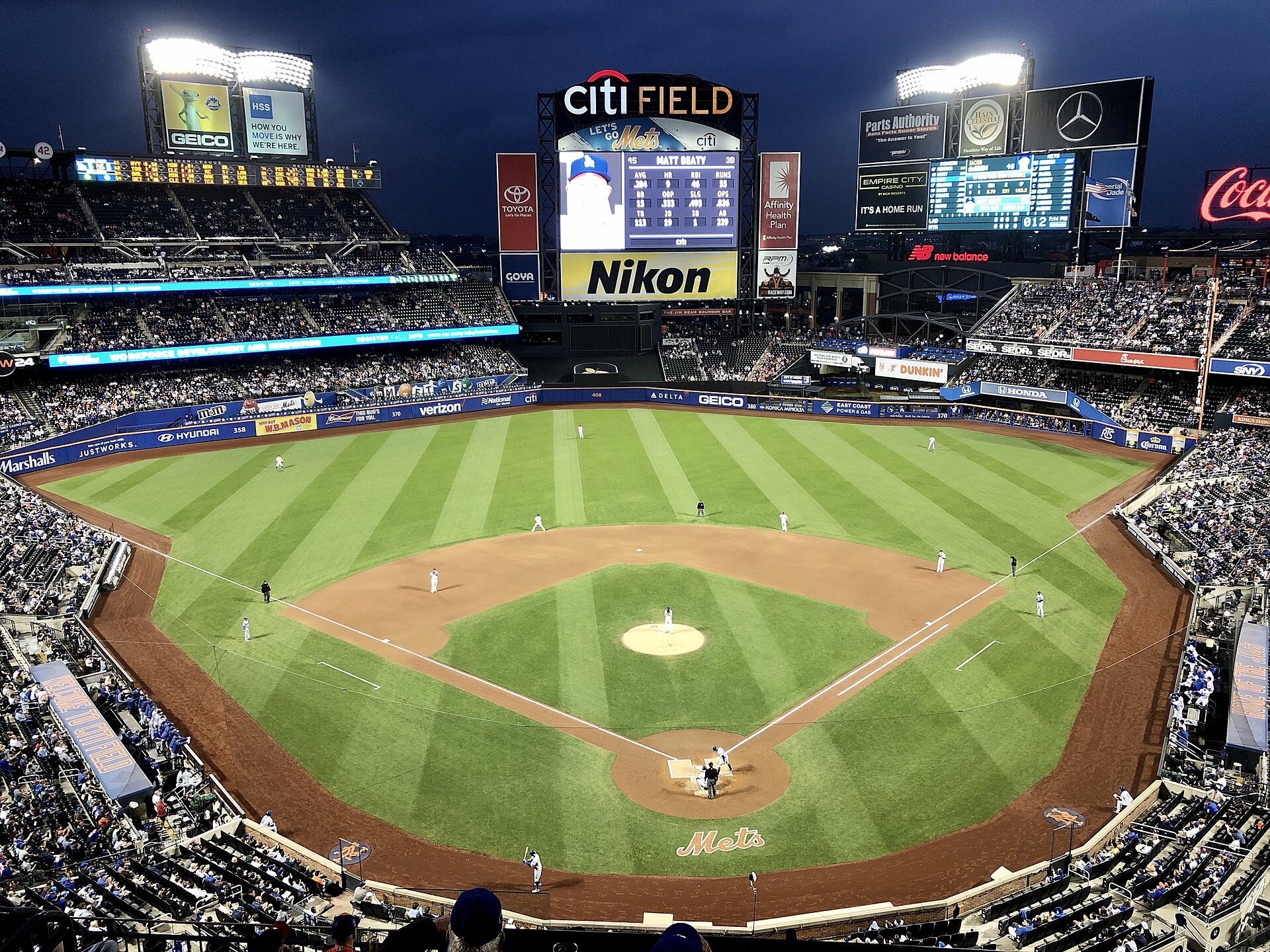 Citi Field at night, one of six ballparks on today's board where the margin of victory decides a run line