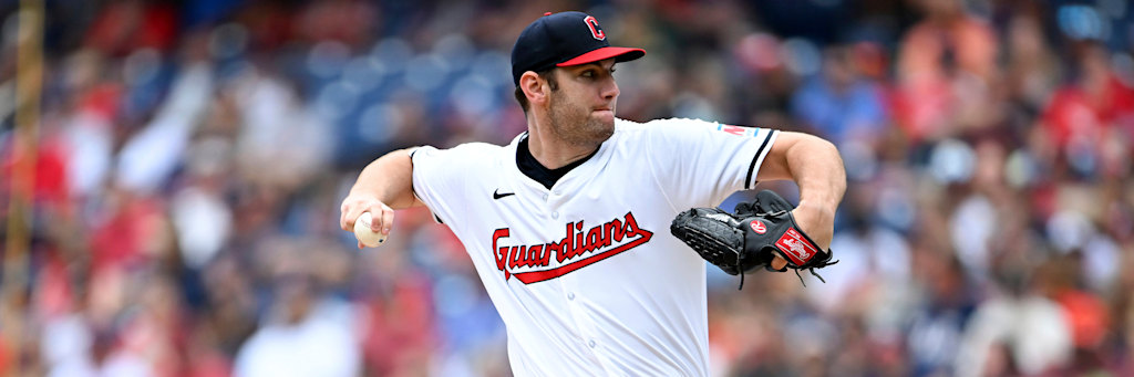 Gavin Williams of the Cleveland Guardians in his white home uniform releasing a pitch, the 10-4 starter with a 3.81 ERA and 134 strikeouts anchoring the Guardians moneyline at Progressive Field on July 17, 2026