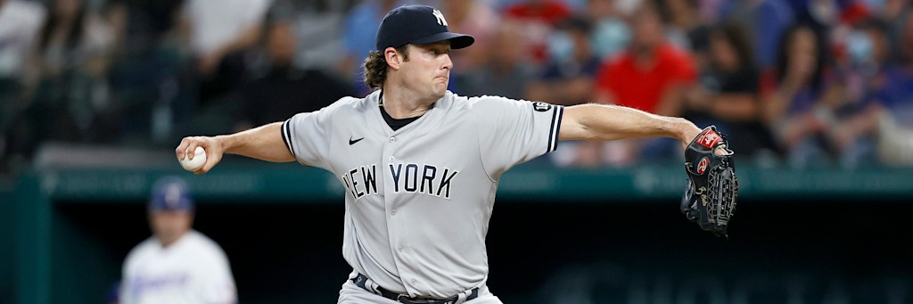 Gerrit Cole of the New York Yankees delivering a pitch in pinstripes, the 4.04 ERA and 1.20 WHIP arm anchoring the Dodgers-Yankees under 9 at Yankee Stadium on July 17, 2026