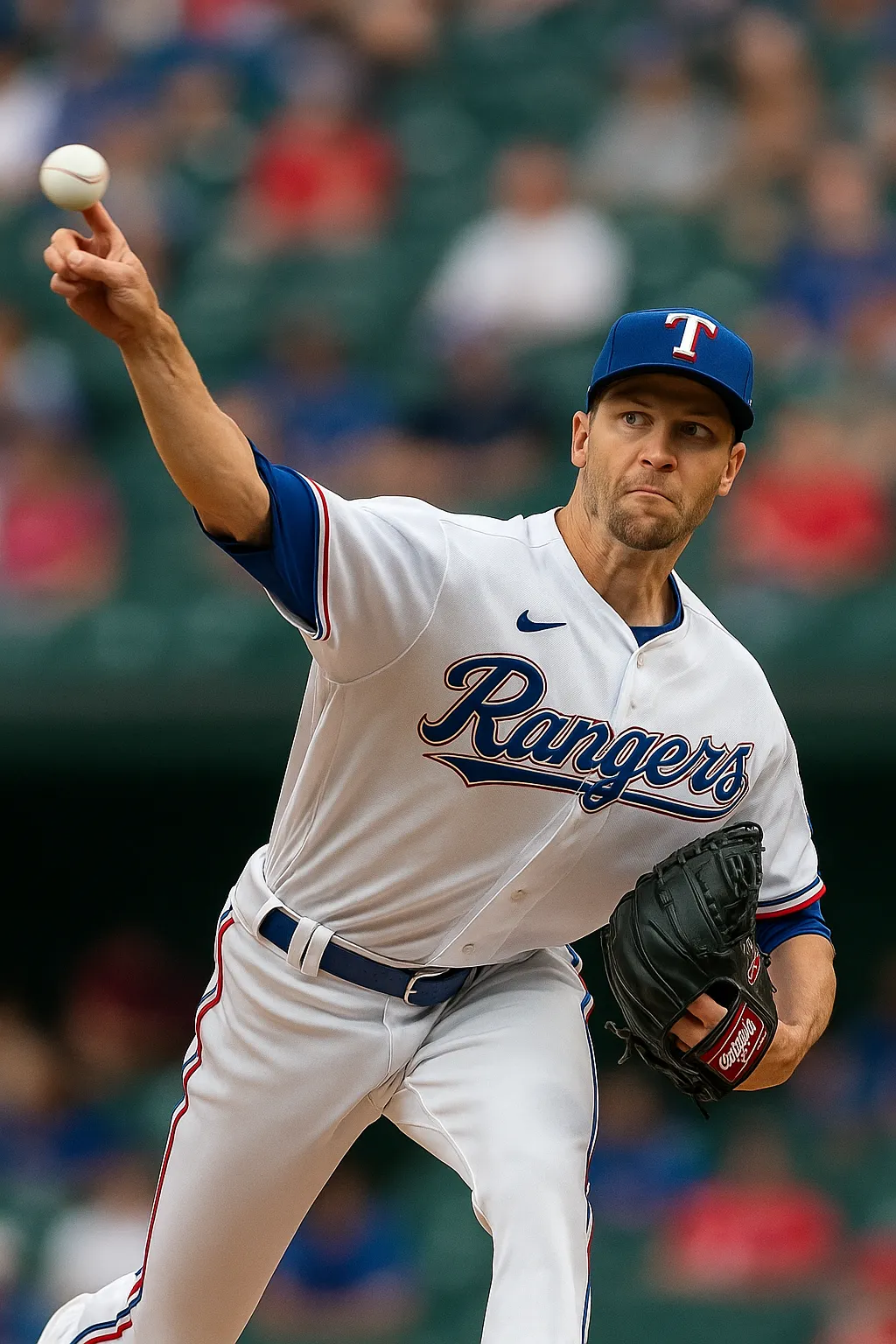 Jacob deGrom of the Texas Rangers releasing a pitch in his home white Rangers uniform at Globe Life Field, the right-hander whose 1.01 WHIP and 122 strikeouts frame the Rangers team total under 4.5 on the July 20 2026 MLB board alongside a Brewers moneyline behind Jacob Misiorowski and a Rays-Blue Jays under and NRFI with Nick Martinez and Dylan Cease