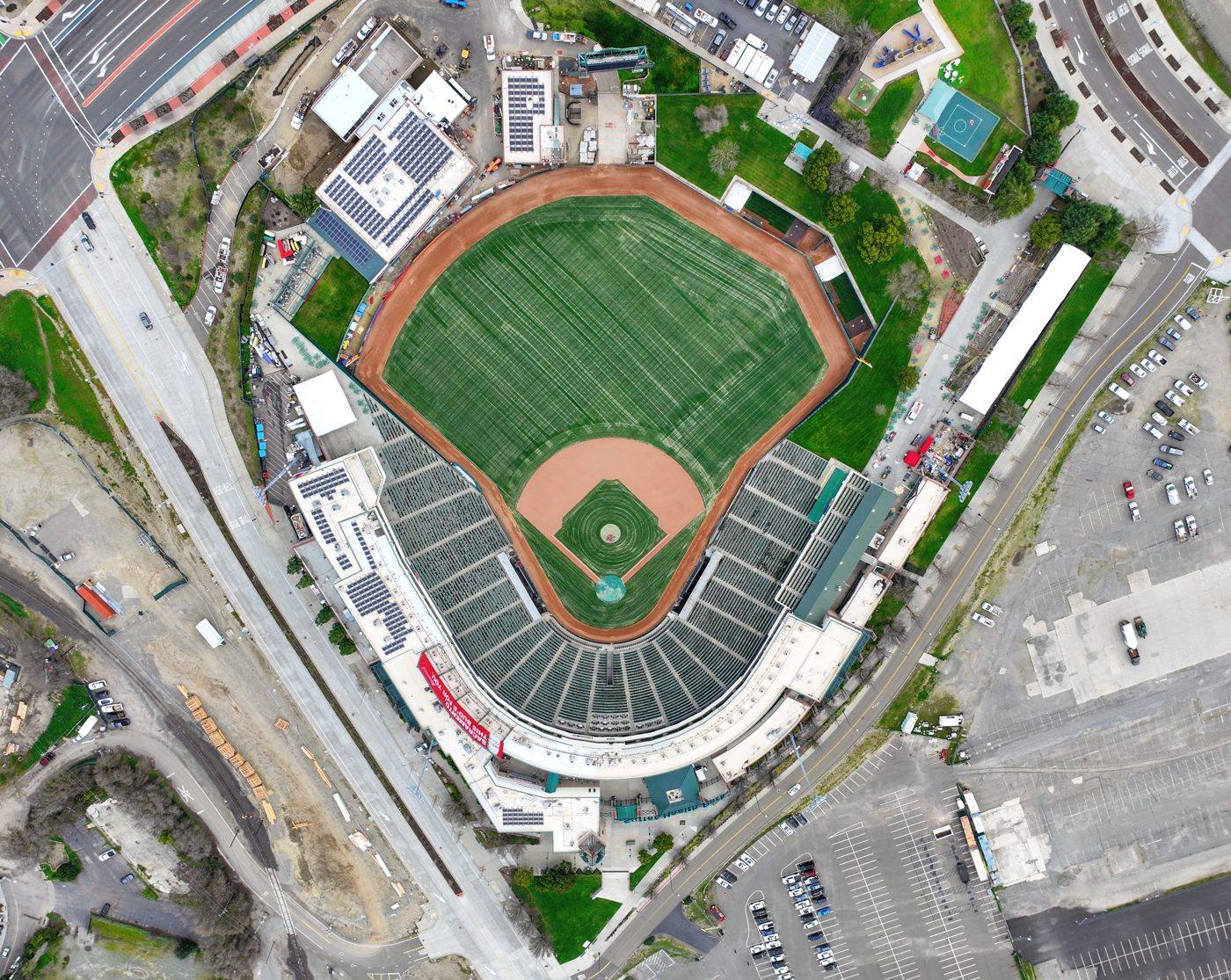 Aerial view of Sutter Health Park in West Sacramento, the ballpark with the largest home and road combined run split in the 2026 MLB season